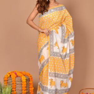 handblock printed mulmul saree