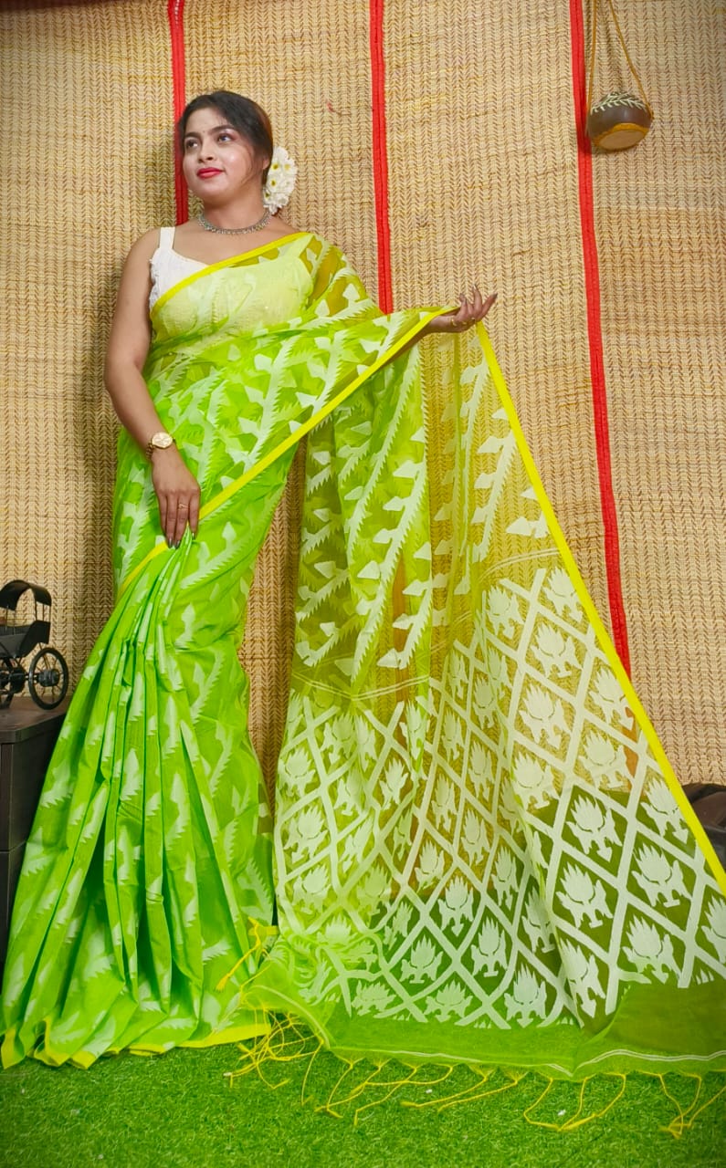 Parrot Green Kora Silk Saree with Meenakari - Urban Womania