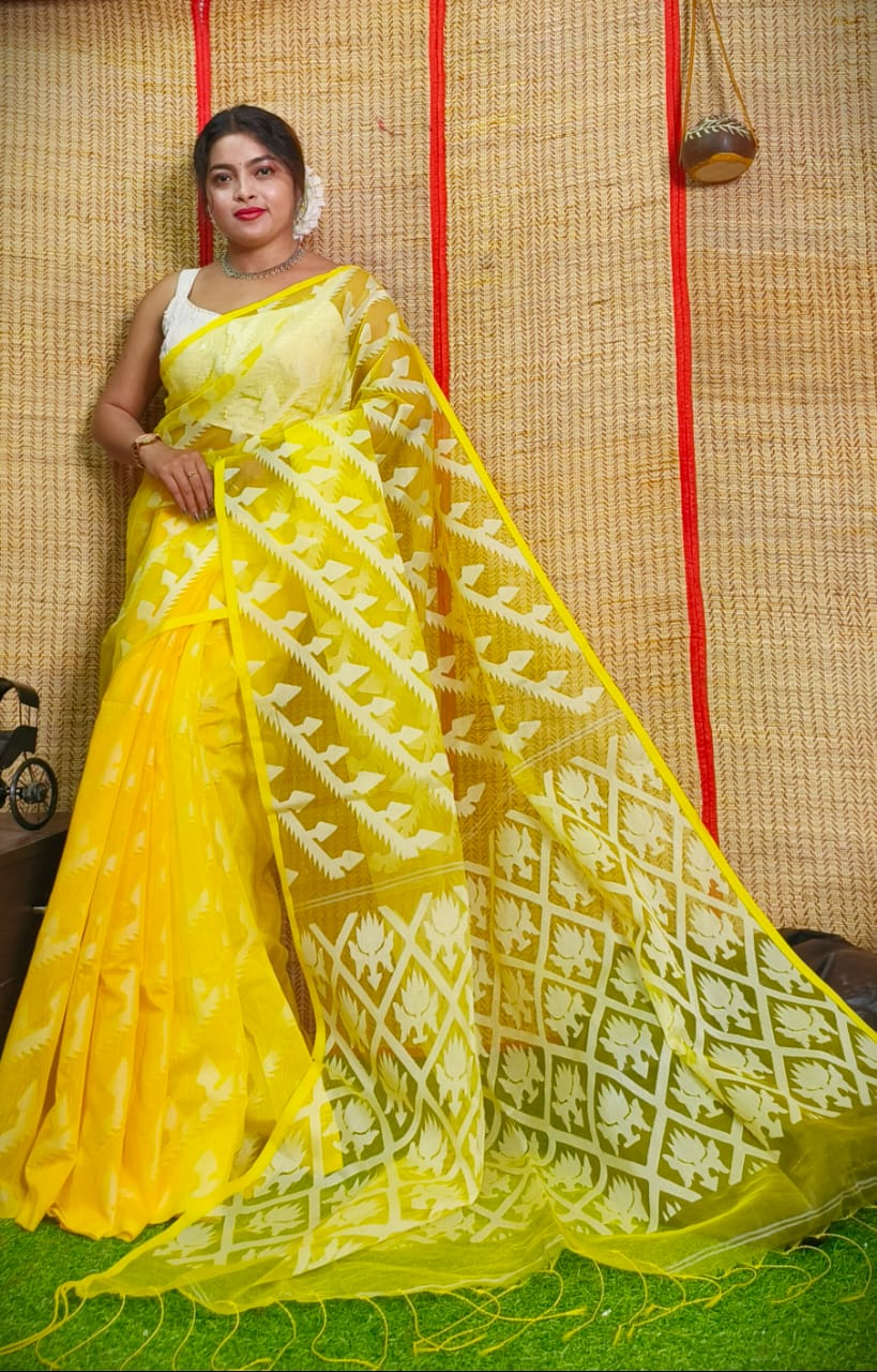 Buy Yellow Color Jamdani Saree with Allover Jaal Work and Tissue Kota Blouse  Piece At IndyVogue