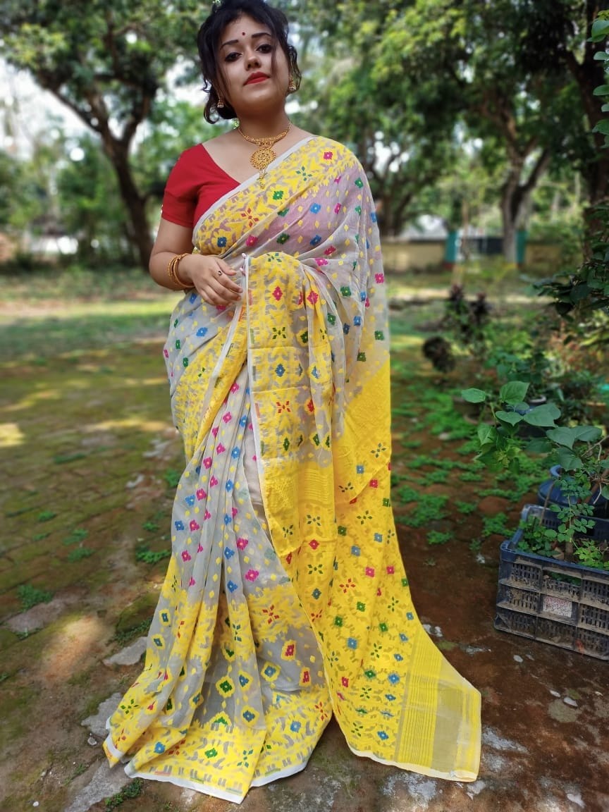 Yellow Shade Handwoven Pure Pure Cotton Jamdani Saree Get Extra 10% Di –  Dailybuyys