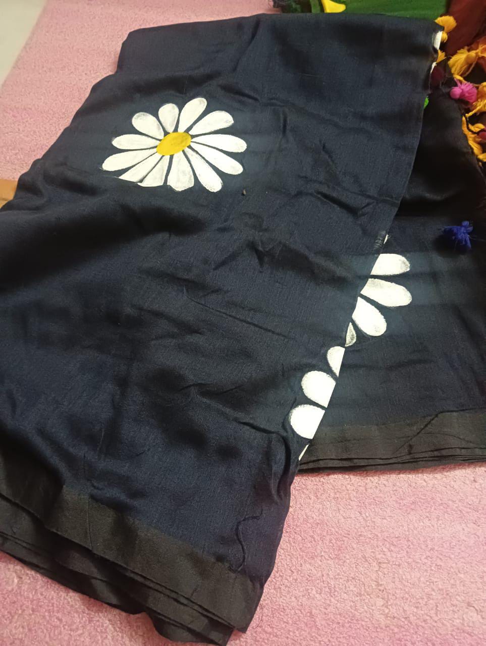 Handpainted Mulmul Cotton Saree | flowers design - VaishnowHand